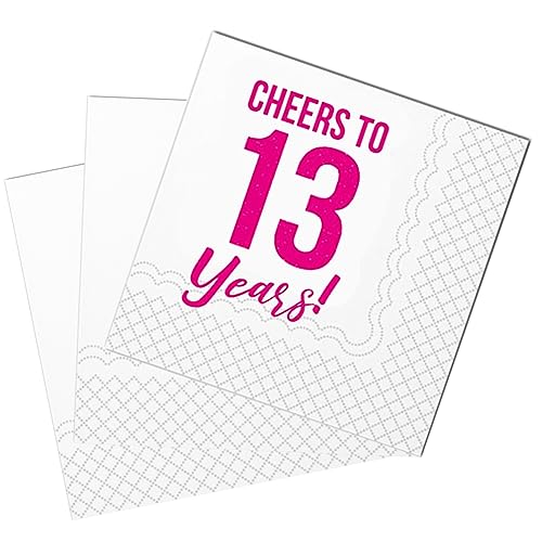 SharkBliss Lustige Cocktail-Servietten 13. Geburtstag, 50 Stück Papierservietten, 2-lagig, 12x12 cm (Rosa, Cheers To 13 Years) von SharkBliss