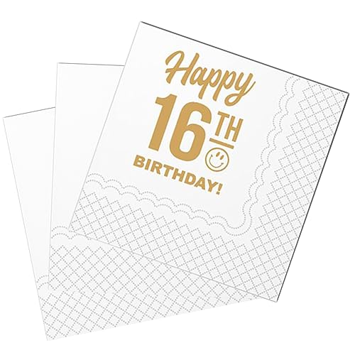 SharkBliss Lustige Cocktail-Servietten 16. Geburtstag, 50 Stück Papierservietten, 2-lagig, 12x12 cm (Gold, Happy 16th Birthday) von SharkBliss
