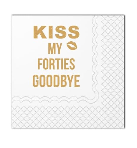 SharkBliss Lustige Cocktail-Servietten 50. Geburtstag, 50 Stück Papierservietten, 2-lagig, 12x12 cm (Gold, Kiss My Forties Goodbye) von SharkBliss