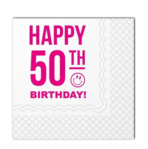 SharkBliss Lustige Cocktail-Servietten 50. Geburtstag, 50 Stück Papierservietten, 2-lagig, 12x12 cm (Rosa, Happy 50th Birthday) von SharkBliss