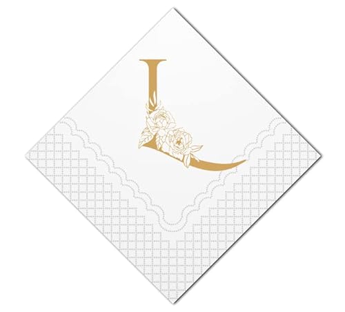 SharkBliss Monogramm-Cocktail-Servietten, 50 Stück, goldener Buchstabe L, personalisierte Monogramm-Einweg-Papierservietten für Hochzeit, Braut, Babyparty, Geburtstag, 2-lagig, 12.7x12.7 cm (L) von SharkBliss
