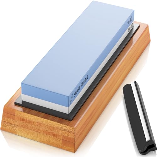 Sharp Pebble Premium Nass-Schleifstein, Messerschärfer, 2-seitige Körnung 1000/6000, rutschfeste Bambusbasis und Winkelführung von Sharp Pebble