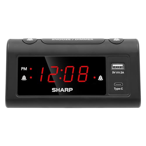 SHARP Wecker für Schlafzimmer, Superschnelles USB-C-Aufladen und schnelles 2 Ampere USB-Aufladen, 2 Alarme, 3-Stufen-Dimmer, Schlummerfunktion, einfach einzustellende Bedienelemente, Schwarz mit roter von Sharp