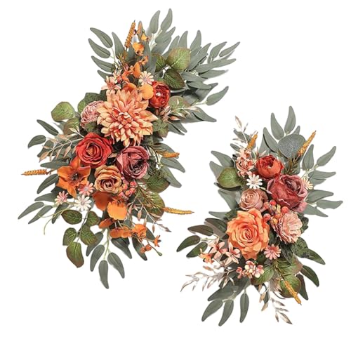 Sharplace 2 Stück künstlicher Blumen-Swag mit floralem Hintergrund, handgefertigte Seidenblumen, Hochzeitsbogen-Kranz für Zuhause, Wandzeremonie, Orange von Sharplace