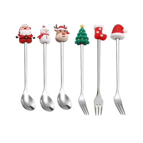 Sharplace Edelstahl-Weihnachts-Kaffeelöffel und Weihnachts-Essgabeln-Set, Dessertlöffel, Rührlöffel, Kuchengabeln, Geschenke, Silber 6St von Sharplace