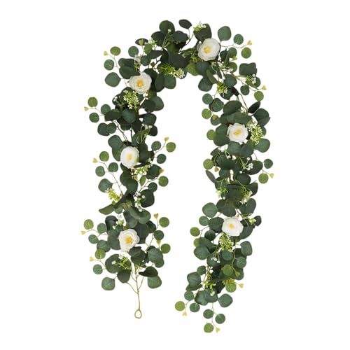Sharplace Künstliche Reben, Eukalyptusgirlande mit Blumen, Grüne Girlande, 195cm Weiß von Sharplace