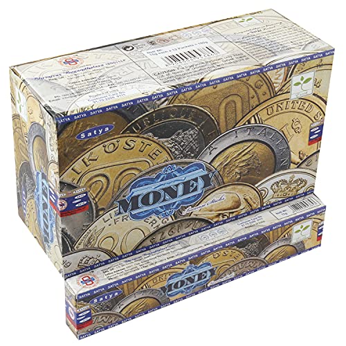 Satya Räucherstäbchen mit Geldduft, 12 Stück, Aggarbatti, Raumduft, Aromatherapie, 15 g x 12 Packungen (180 g) von Sharvgun