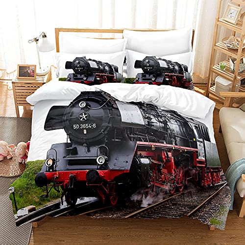 SheYle Bettwäsche Set Dampflokomotive Eisenbahn 3D Druck Bettwäsche 135x200 Retro-Zug Bettbezug Mikrofaser Weiche Bettbezüge (A4,135x200cm+80x80cmx1) von SheYle