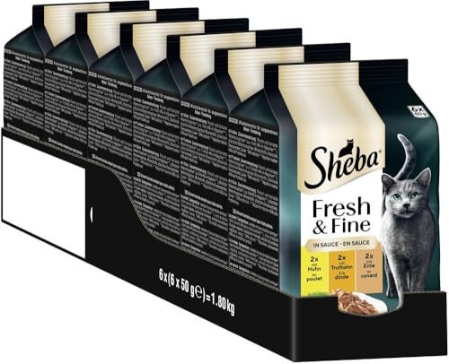 Sheba Portionsbeutel Katzennassfutter Multipack Fresh & Fine in Sauce mit Huhn und Truthahn, 6x6x50g - Leckeres Katzenfutter in Sauce für verwöhnte Katzen von Sheba