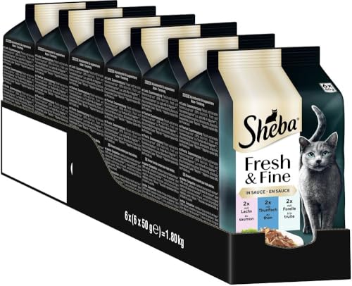Sheba Portionsbeutel Katzennassfutter Multipack Fresh & Fine in Sauce mit Lachs und Thunfisch MSC, 6x6x50g - Premium Katzenfutter in Sauce mit Lachs und Thunfisch von Sheba
