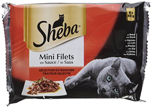 SHEBA Katzenfutter – 52 Frischebeutel (13 Packungen 4 x 85 g) – Nassfutter für Katzen, Netze in Sauce – Rind/Huhn/Lamm/Ente & Truthahn – komplettes & ausgewogenes Futter mit natürlichen Inhaltsstoffen von Sheba