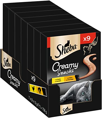 Sheba Creamy Snacks – Cremiges Katzen-Leckerli mit Huhn & Käse – Praktische Sticks zum aus der Hand Schlecken – 7 x 9 x 12g von Sheba