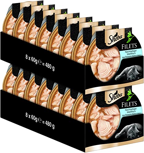 SHEBA Filets - Feinstes Katzennassfutter - 16 x 60g Schalen - mit nachhaltigem Weissfisch - Nassfutter für Katzen - Großpackung von Sheba
