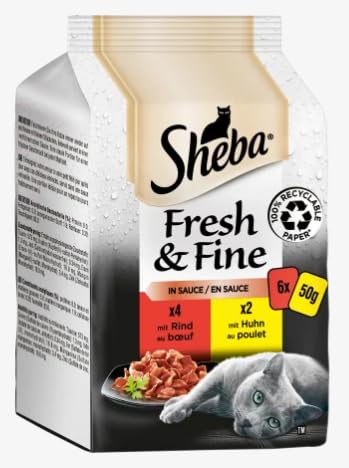 Sheba Fresh Fine Sachet – Nassfutter für Katzen in Sauce mit Huhn und Rind 36 Portionsbeutel 6 x (6 x 50 g) von Sheba