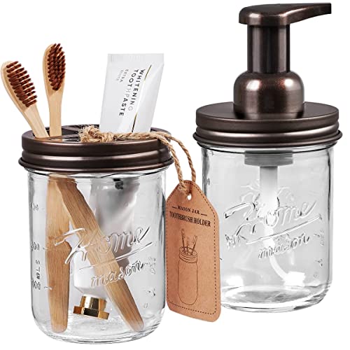 Mason Jar Badezimmer-Zubehör-Set – inklusive Schaum-Handseifenspender und Zahnbürstenhalter – rustikale Bauernhaus-Deko, Apothekergläser, Badezimmer-Arbeitsplatte und Kosmetik-Organizer (Bronze) von SheeChung