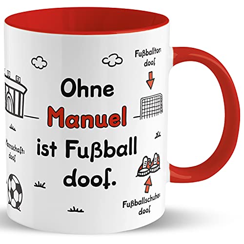 Sheepworld Fußball-Tasse »Ohne ... ist Fußball doof.« Tasse mit Wunschname, personalisiert (rot) | Porzellan, 32,5 cl | Geschenk Fußball, WM, EM, Bundesliga | L1445 von Sheepworld