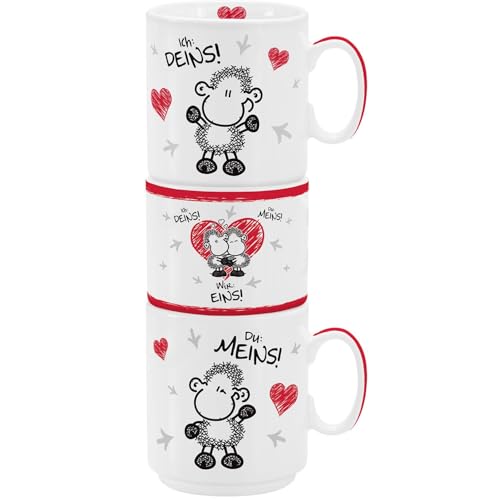 Sheepworld Stapeltassen-Set mit Spruch "Ich Deins, Du Meins, Wir Eins" | Geschenkset aus 2 Prozellantassen und 1 Kerzenhalter inkl. Teelicht | 45185 von Sheepworld