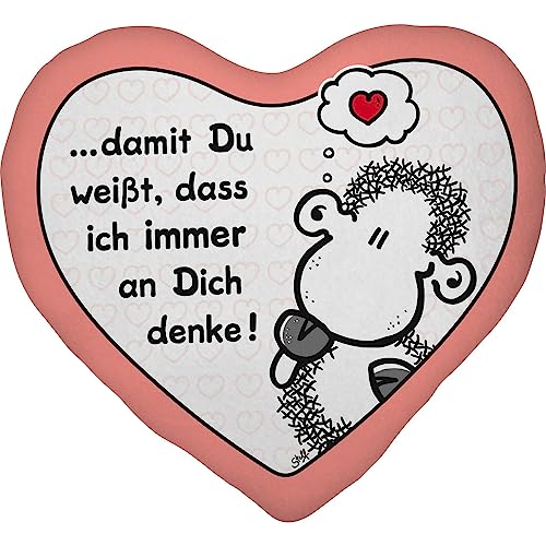 Sheepworld Plüschkissen Motiv "Denke" | Plüschkissen in Herzform, 30 cm x 25 cm, Mehrfarbig, 100% Polyester | Geschenk, Liebe, Valentinstag | 48183 von Sheepworld