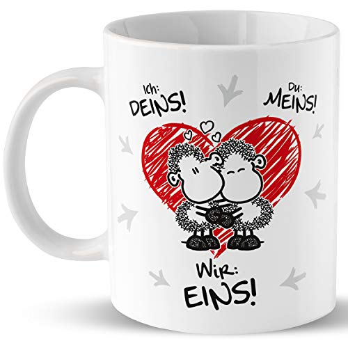 Sheepworld Tasse für Paare » Ich: Deins! Du: Meins! Wir: EINS!« Tasse mit Namen des Paares, personalisiert (weiß) | Porzellan, 32,5 cl, Tasse mit Wunschnamen | Geschenk Valentinstag, Jahrestag | L1384 von Sheepworld