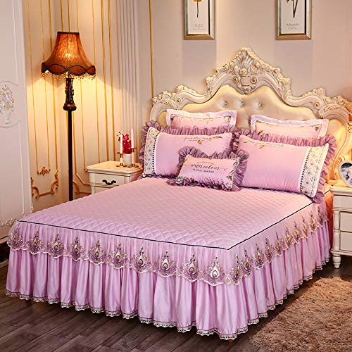 Luxus Gesteppte Tagesdecke Bett Rock Lace 3 Stück Set Blatt Leichte Doppelte Größe Rutschfeste Volant Bettwäsche,Pink-150cm*200cm von Sheet