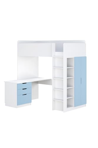 Shefa Kids Hochbett Mit Schreibtisch - Platzsparendes 5-in-1 Hochbett Kinder Mit Treppe, Kleiderschrank, Regal & Arbeitsbereich - Blau, Belastbar Bis 90 Kg, Maße: 206 x 107 cm von Shefa