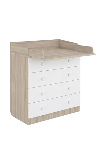 Shefa Kids Wickelkommode 800 Ulme-weiß - Praktischer Wickeltisch mit 4 Schubladen mit Wickelaufsatz von Shefa