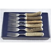 Sechs Echte Hirsch/Geweih Henkel Steak Gabeln Boxed Made in Sheffield England von SheffieldCutleryShop