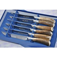 Sechs Echte Seltene Sambar Hirsch/Geweih Griff Steakmesser Silber Ferruled Boxed Made in Sheffield England von SheffieldCutleryShop