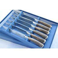 Sechs Echte Seltene Sambar Hirsch/Geweih Griff Steakmesser Silber Zwinge Boxed Hergestellt in Sheffield England Gebürstet von SheffieldCutleryShop