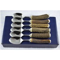 Sechs Neue Echte Hirsch/Geweih Henkel Dessertlöffel Boxed Made in Sheffield England von SheffieldCutleryShop