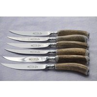 Sechs Neue Hump Back Echte Hirsch/Geweih Henkel Steak Messer Silber Ferrule Made Sheffield England von SheffieldCutleryShop