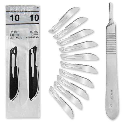 Set - 10 Stück sterile Skalpellklingen Figur 10 aus Karbonstahl - Ersatzklingen + 1 x Shehadeh - Skalpell-Halter - Edelstahl von Shehadeh