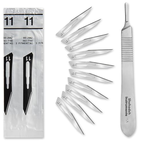 Set - 10 Stück sterile Skalpellklingen Figur 11 aus Karbonstahl - Ersatzklingen + 1 x Shehadeh - Skalpell-Halter - Edelstahl von Shehadeh