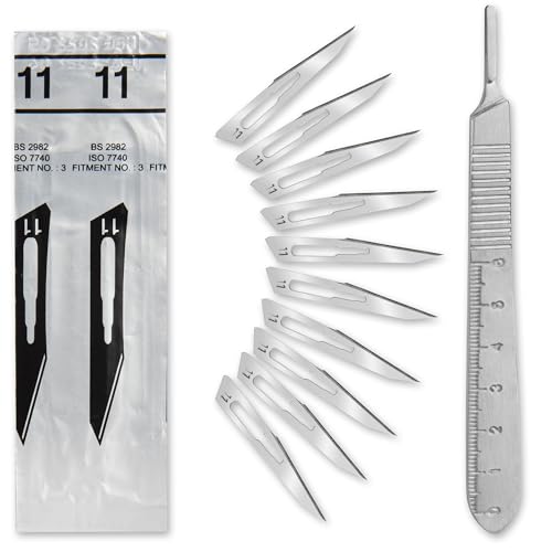 Set - 10 Stück sterile Skalpellklingen Figur 11 aus Karbonstahl - Ersatzklingen + 1 x Shehadeh - Skalpell-Halter mit 13 cm langem Griff inkl. Meßskala in cm - Edelstahl von Shehadeh