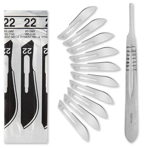 Set - 10 Stück sterile Skalpellklingen Figur 22 aus Karbonstahl - Ersatzklingen + 1 x Shehadeh - Skalpell-Halter - Edelstahl von Shehadeh