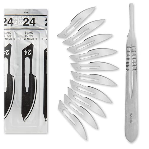 Set - 10 Stück sterile Skalpellklingen Figur 24 aus Karbonstahl - Ersatzklingen + 1 x Shehadeh - Skalpell-Halter - Edelstahl von Shehadeh