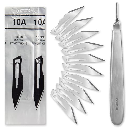 Set - 10 Stück sterile Skalpellklingen Figur 10A aus Karbonstahl - Ersatzklingen einzeln steril verpackt + 1 x Shehadeh - Skalpell-Halter mit 13,5 cm langem und bauchigen Griff - Edelstahl von Shehadeh