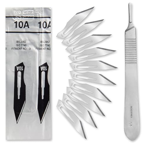 Set - 10 Stück sterile Skalpellklingen Figur 10A aus Karbonstahl - Ersatzklingen verpackt + 1 x Shehadeh - Skalpell-Halter - Edelstahl von Shehadeh