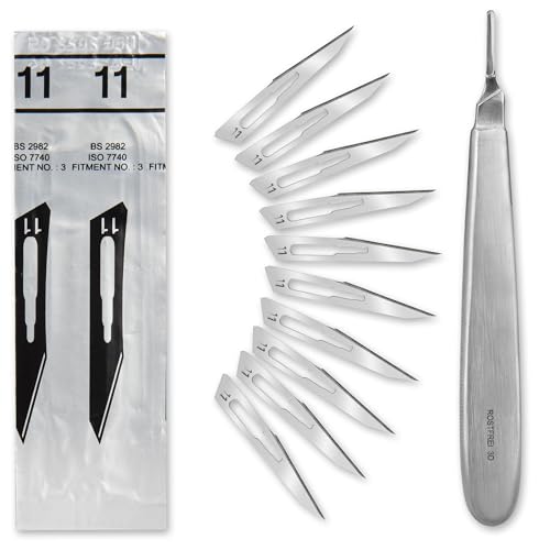 Set - 10 Stück sterile Skalpellklingen Figur 11 aus Karbonstahl - Ersatzklingen + 1 x Shehadeh - Skalpell-Halter mit 13,5 cm langem und bauchigen Griff - Edelstahl von Shehadeh