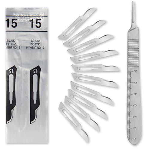 Set - 10 Stück sterile Skalpellklingen Figur 15 aus Karbonstahl - Ersatzklingen einzeln steril verpackt + 1 x Shehadeh - Skalpell-Halter mit 13 cm langem Griff inkl. Meßskala in cm - Edelstahl von Shehadeh