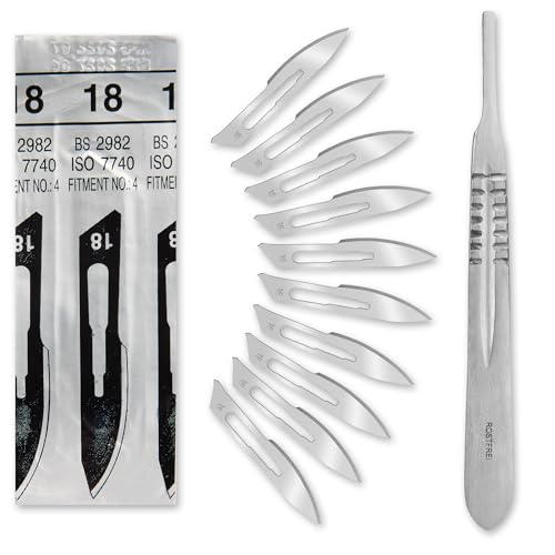 Set - 10 Stück sterile Skalpellklingen Figur 18 aus Karbonstahl - Ersatzklingen + 1 x Shehadeh - Skalpell-Halter - Edelstahl von Shehadeh