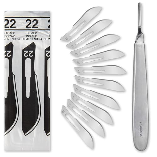 Set - 10 Stück sterile Skalpellklingen Figur 22 aus Karbonstahl - Ersatzklingen + 1 x Shehadeh - Skalpell-Halter mit 13,5 cm langem und bauchigen Griff - Edelstahl von Shehadeh