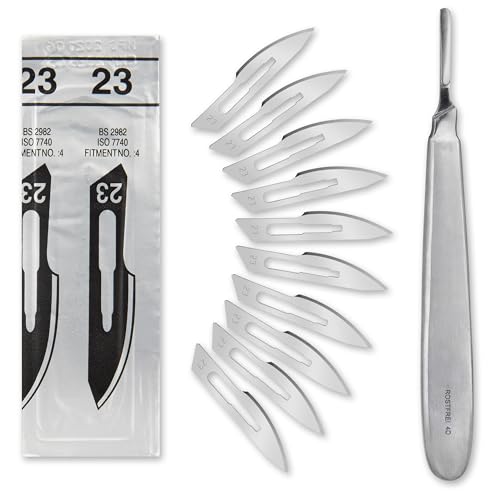 Set - 10 Stück sterile Skalpellklingen Figur 23 aus Karbonstahl - Ersatzklingen + 1 x Shehadeh - Skalpell-Halter mit 13,5 cm langem und bauchigen Griff - Edelstahl von Shehadeh
