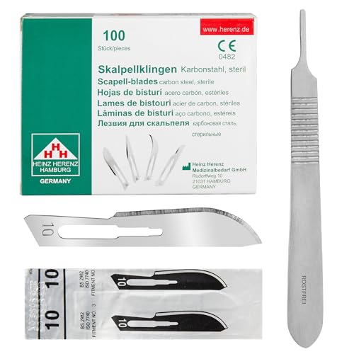 Set - 100 Stück sterile Skalpellklingen Figur 10 aus Karbonstahl - Ersatzklingen + 1 x Shehadeh - Skalpell-Halter - Edelstahl von Shehadeh