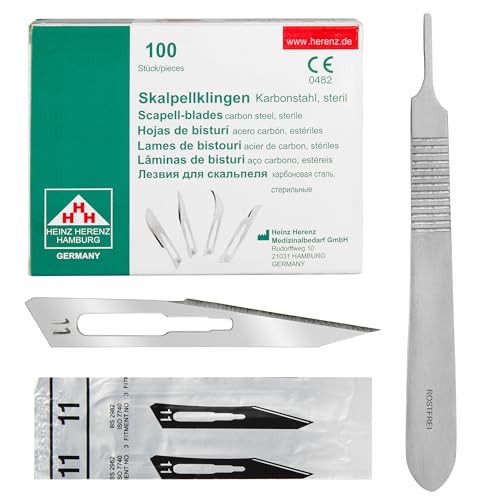 Set - 100 Stück sterile Skalpellklingen Figur 11 aus Karbonstahl - Ersatzklingen + 1 x Shehadeh - Skalpell-Halter - Edelstahl von Shehadeh