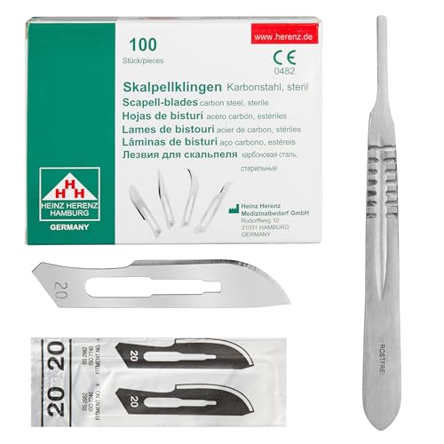 Set - 100 Stück sterile Skalpellklingen Figur 20 aus Karbonstahl - Ersatzklingen + 1 x Shehadeh - Skalpell-Halter - Edelstahl von Shehadeh