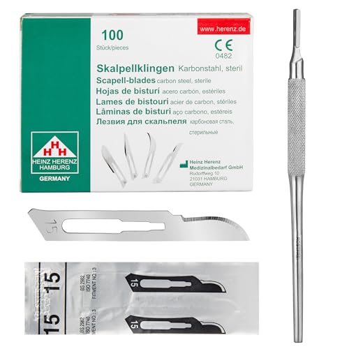 Set - 100 Stück ssterile Skalpellklingen Figur 15 aus Karbonstahl - Ersatzklingen + 1 x Shehadeh - Skalpell-Halter mit rundem Griff - Edelstahl von Shehadeh