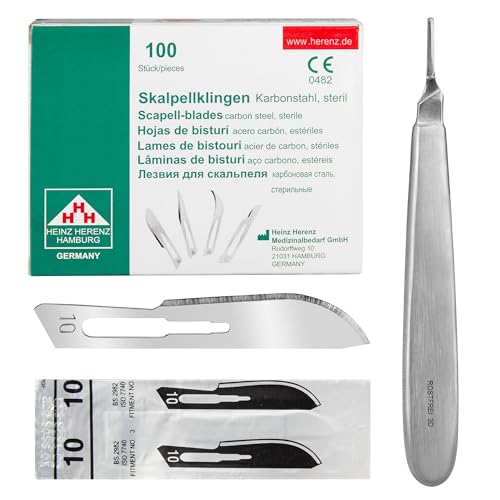Set - 100 Stück sterile Skalpellklingen Figur 10 aus Karbonstahl - Ersatzklingen + 1 x Shehadeh - Skalpell-Halter mit 13,5 cm langem und bauchigen Griff - Edelstahl von Shehadeh