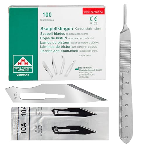 Set - 100 Stück sterile Skalpellklingen Figur 10A aus Karbonstahl - Ersatzklingen + 1 x Shehadeh - Skalpell-Halter Figur 3 mit 13 cm Griff inkl. Meßskala in cm - Edelstahl von Shehadeh