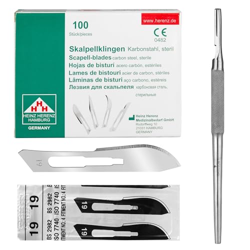 Set - 100 Stück sterile Skalpellklingen Figur 19 aus Karbonstahl - Ersatzklingen + 1 x Shehadeh - Skalpell-Halter mit rundem Griff - Edelstahl von Shehadeh